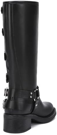 Athlefit Women's Knee High Riding Boots - Fashion Buckle, Square Toe, Chunky Heel, Wide Calf Biker Design, Perfect for C