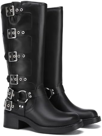 Athlefit Women's Knee High Riding Boots - Fashion Buckle, Square Toe, Chunky Heel, Wide Calf Biker Design, Perfect for C