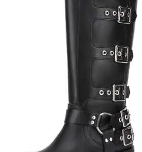 Athlefit Women's Knee High Riding Boots - Fashion Buckle, Square Toe, Chunky Heel, Wide Calf Biker Design, Perfect for C