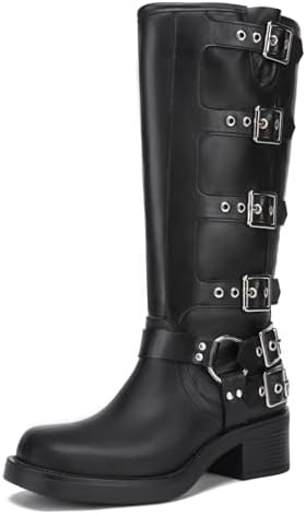 Athlefit Women's Knee High Riding Boots - Fashion Buckle, Square Toe, Chunky Heel, Wide Calf Biker Design, Perfect for C