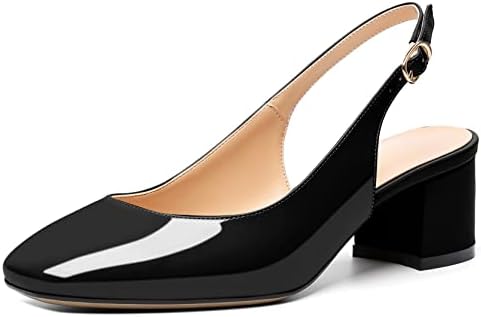 Mettesally Women's Square Toe Block Heels - Stylish Slingback Ankle Strap Pumps for Office - Comfortable Low Heeled Slip