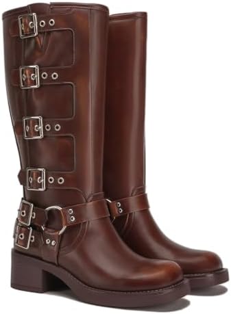 Athlefit Women's Knee High Riding Boots - Fashion Buckle, Square Toe, Chunky Heel, Wide Calf Biker Design, Perfect for C