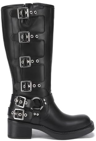 Athlefit Women's Knee High Riding Boots - Fashion Buckle, Square Toe, Chunky Heel, Wide Calf Biker Design, Perfect for C