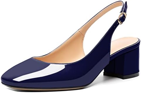 Mettesally Women's Square Toe Block Heels - Stylish Slingback Ankle Strap Pumps for Office - Comfortable Low Heeled Slip