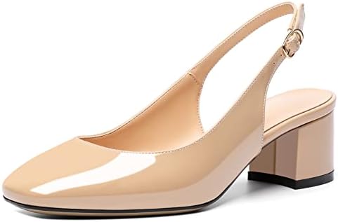 Mettesally Women's Square Toe Block Heels - Stylish Slingback Ankle Strap Pumps for Office - Comfortable Low Heeled Slip