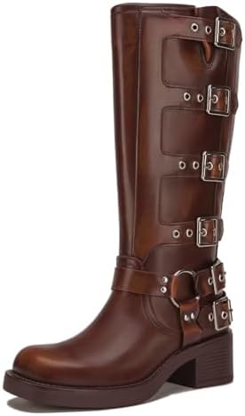 Athlefit Women's Knee High Riding Boots - Fashion Buckle, Square Toe, Chunky Heel, Wide Calf Biker Design, Perfect for C