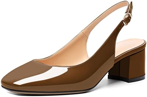 Mettesally Women's Square Toe Block Heels - Stylish Slingback Ankle Strap Pumps for Office - Comfortable Low Heeled Slip