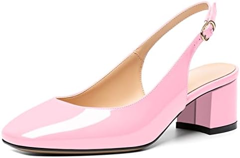 Mettesally Women's Square Toe Block Heels - Stylish Slingback Ankle Strap Pumps for Office - Comfortable Low Heeled Slip