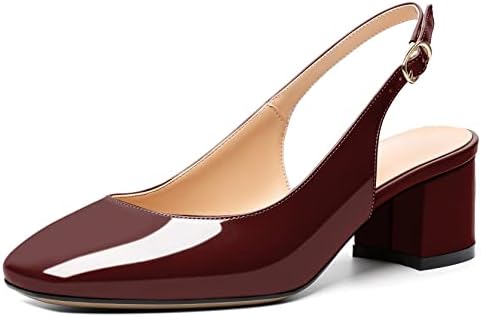 Mettesally Women's Square Toe Block Heels - Stylish Slingback Ankle Strap Pumps for Office - Comfortable Low Heeled Slip