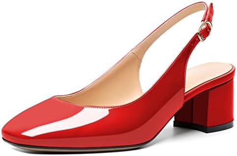 Mettesally Women's Square Toe Block Heels - Stylish Slingback Ankle Strap Pumps for Office - Comfortable Low Heeled Slip