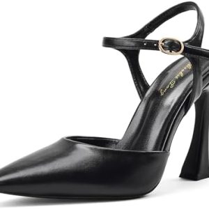Elisabet Tang Women's Sexy Closed Toe Stilettos - Classic Square Toe Pumps with Adjustable Ankle Strap for Daily, Party,