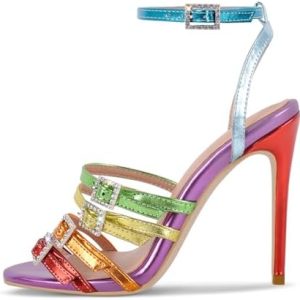 sexytag Rhinestone Buckle Metallic Ankle Strap High Heel Sandals for Women - Multicolor Open Toe Stiletto Heels for Part
