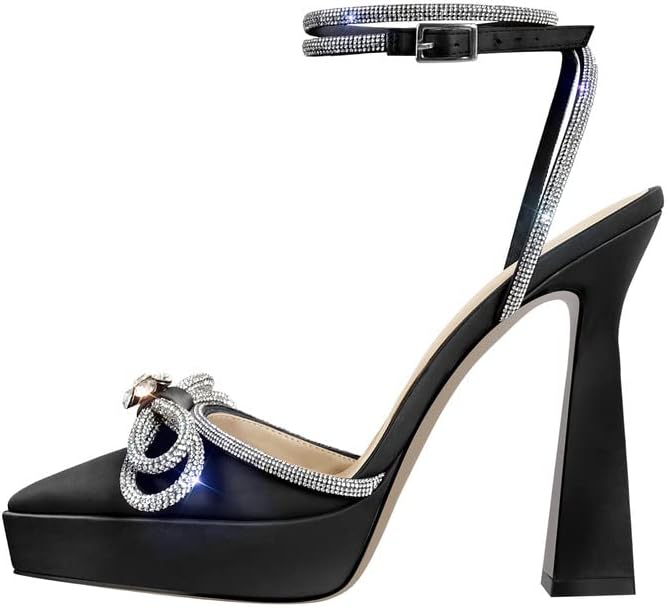 sexytag Women's Rhinestone Bow Platform Sandals - Chunky High Heels with Clear Ankle Strap for Elegant Evening Wear - St