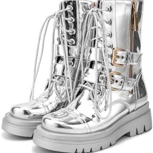 Sexytag Women's Silver Lace-Up Mid Calf Combat Boots | Platform Military Motorcycle Ankle Boots | Chunky Heel Metallic L