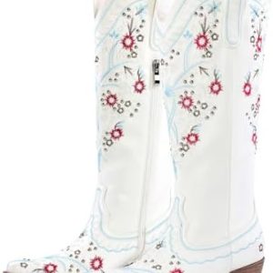 SexyTag Women's Floral Embroidered Western Cowboy Boots | Knee High Cowgirl Boots for Fashionable Women | Studded Pointe
