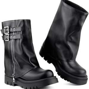 AlureAbys Women's Mid Calf Moto Biker Boots | Fold Over Design | Stylish & Comfortable | Perfect for Casual Outings | Du