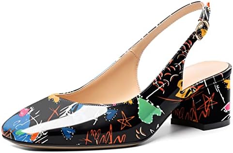 Mettesally Women's Square Toe Block Heels - Stylish Slingback Ankle Strap Pumps for Office - Comfortable Low Heeled Slip