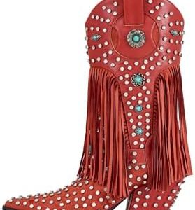 Sexytag Fringe Cowboy Boots - Turquoise Flower Studded Mid Calf Cowgirl Boots for Women - Rhinestone Embellishments - St