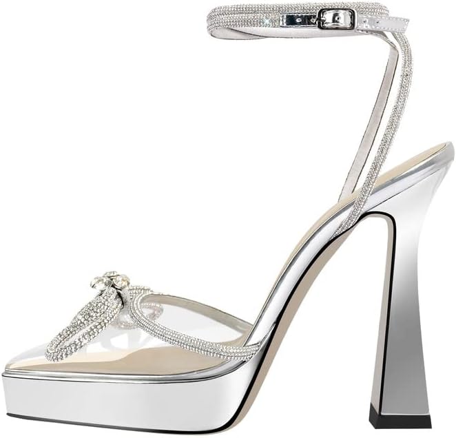 sexytag Women's Rhinestone Bow Platform Sandals - Chunky High Heels with Clear Ankle Strap for Elegant Evening Wear - St