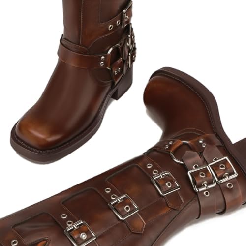 Athlefit Women's Knee High Riding Boots - Fashion Buckle, Square Toe, Chunky Heel, Wide Calf Biker Design, Perfect for C