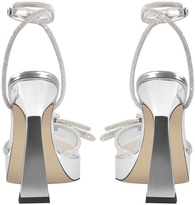 sexytag Women's Rhinestone Bow Platform Sandals - Chunky High Heels with Clear Ankle Strap for Elegant Evening Wear - St