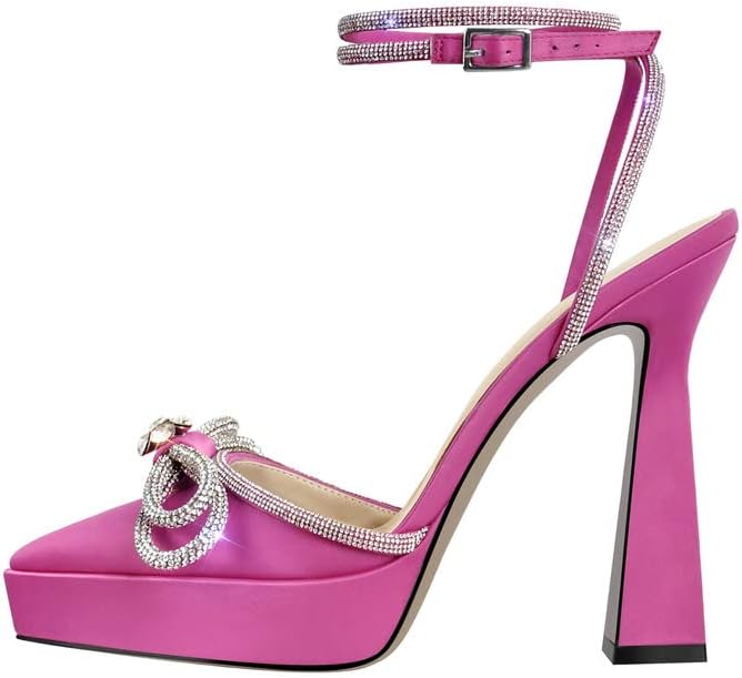 sexytag Women's Rhinestone Bow Platform Sandals - Chunky High Heels with Clear Ankle Strap for Elegant Evening Wear - St
