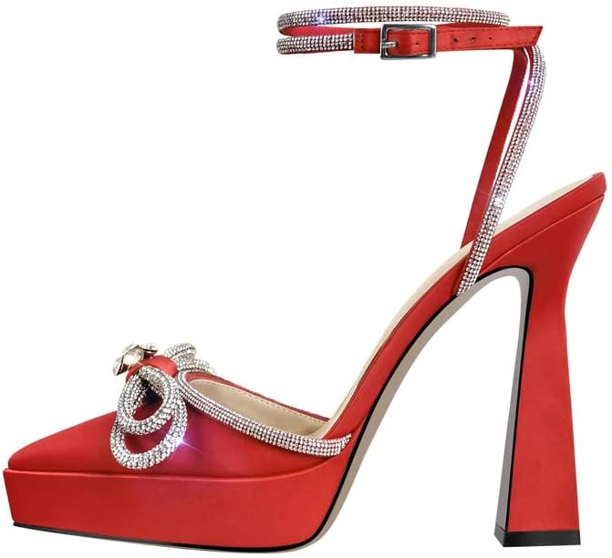 sexytag Women's Rhinestone Bow Platform Sandals - Chunky High Heels with Clear Ankle Strap for Elegant Evening Wear - St