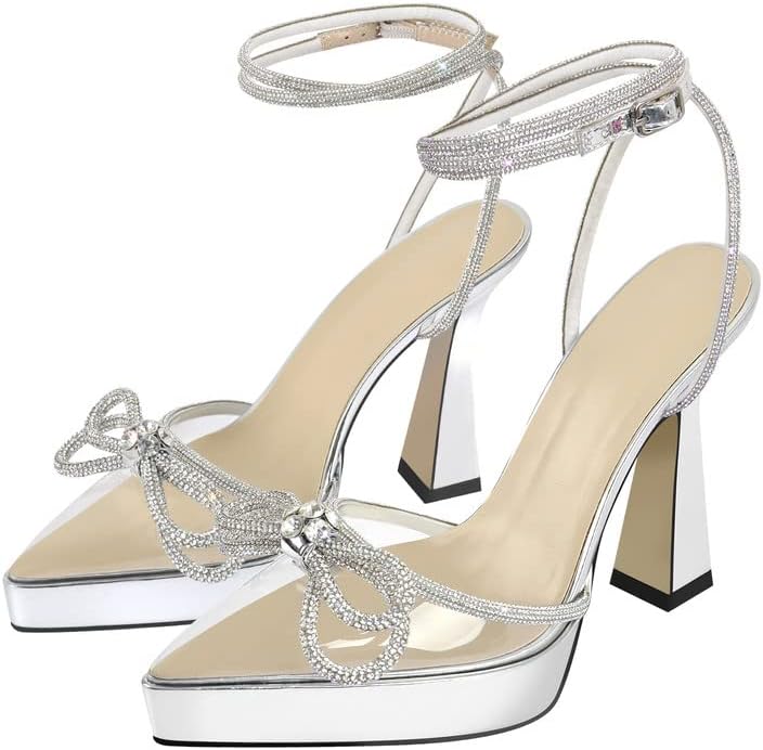 sexytag Women's Rhinestone Bow Platform Sandals - Chunky High Heels with Clear Ankle Strap for Elegant Evening Wear - St