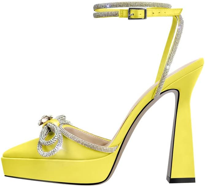 sexytag Women's Rhinestone Bow Platform Sandals - Chunky High Heels with Clear Ankle Strap for Elegant Evening Wear - St