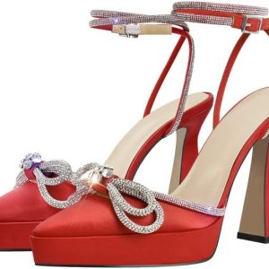 sexytag Women's Rhinestone Bow Platform Sandals - Chunky High Heels with Clear Ankle Strap for Elegant Evening Wear - St