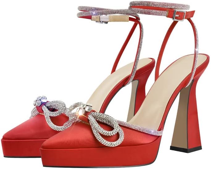 sexytag Women's Rhinestone Bow Platform Sandals - Chunky High Heels with Clear Ankle Strap for Elegant Evening Wear - St