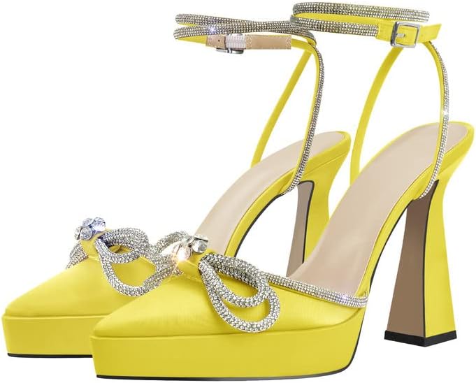 sexytag Women's Rhinestone Bow Platform Sandals - Chunky High Heels with Clear Ankle Strap for Elegant Evening Wear - St