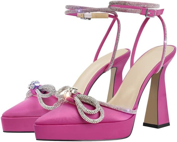 sexytag Women's Rhinestone Bow Platform Sandals - Chunky High Heels with Clear Ankle Strap for Elegant Evening Wear - St