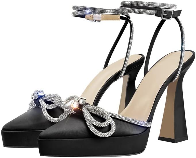 sexytag Women's Rhinestone Bow Platform Sandals - Chunky High Heels with Clear Ankle Strap for Elegant Evening Wear - St