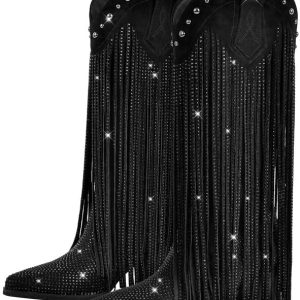 sexytag Women's Rhinestone Fringe Knee High Cowboy Boots - Wide Calf Western Tassal for Stylish Cowgirls - Trendy Footwe